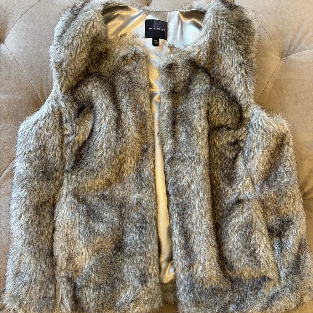 The Limited Faux Fur Vest - Brown and Gray